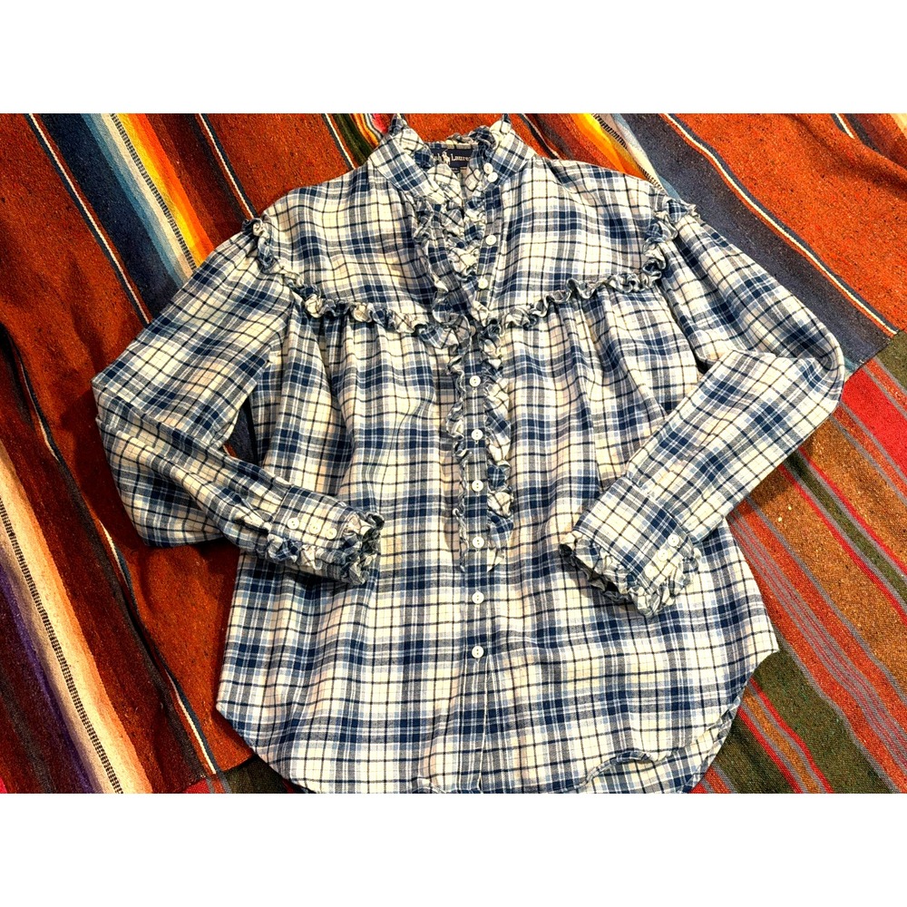 Ralph Lauren Women Sz 8 White Plaid Flannel Ruffled Mock Collar Long Sleeve - Picture 4 of 10
